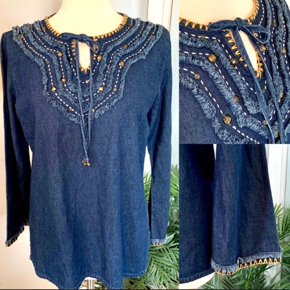 Women’s Boho Denim Embellished Top Sz M western cowgirl bohemian